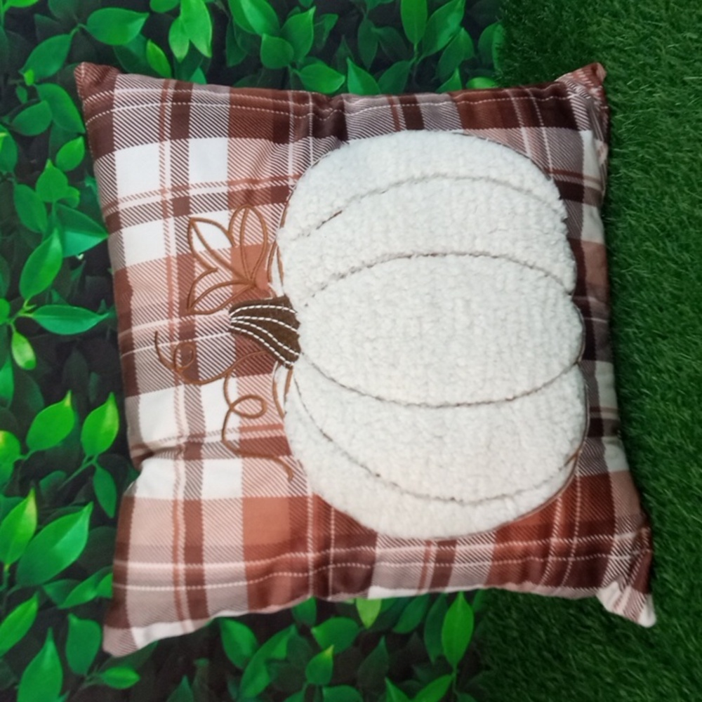 🍂 Fall Plaid Fuzzy Pumpkin Throw Pillow